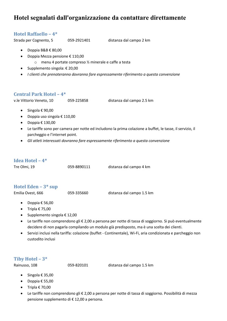 Hotel segnalati Dispositivo Organizzativo ITA Master 2014 1